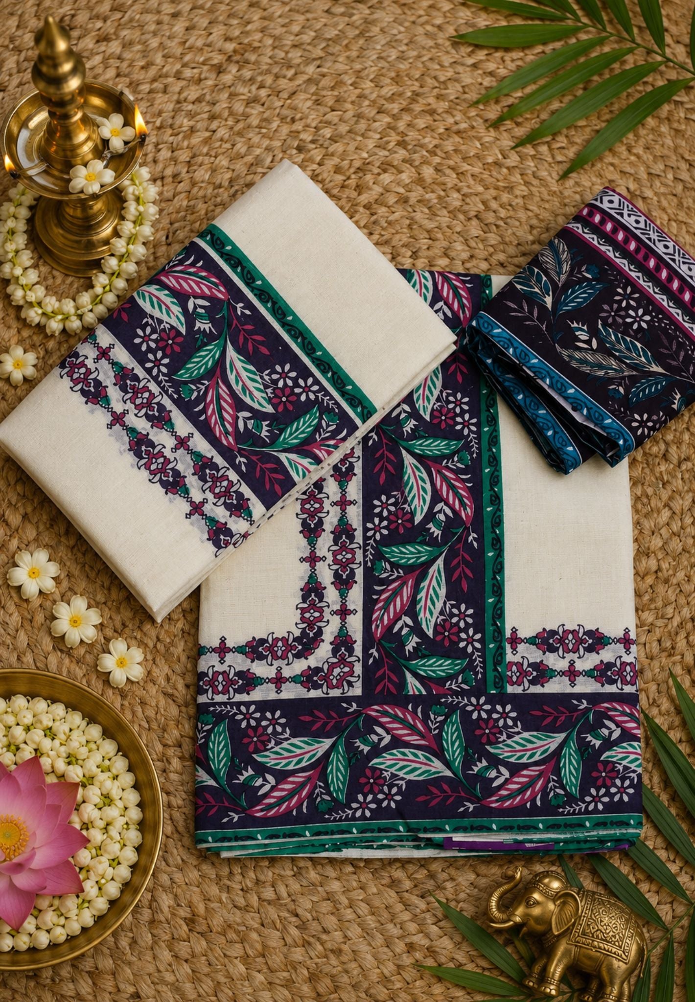 Cotton Set Mund-Off White - Purple with Leaf Border