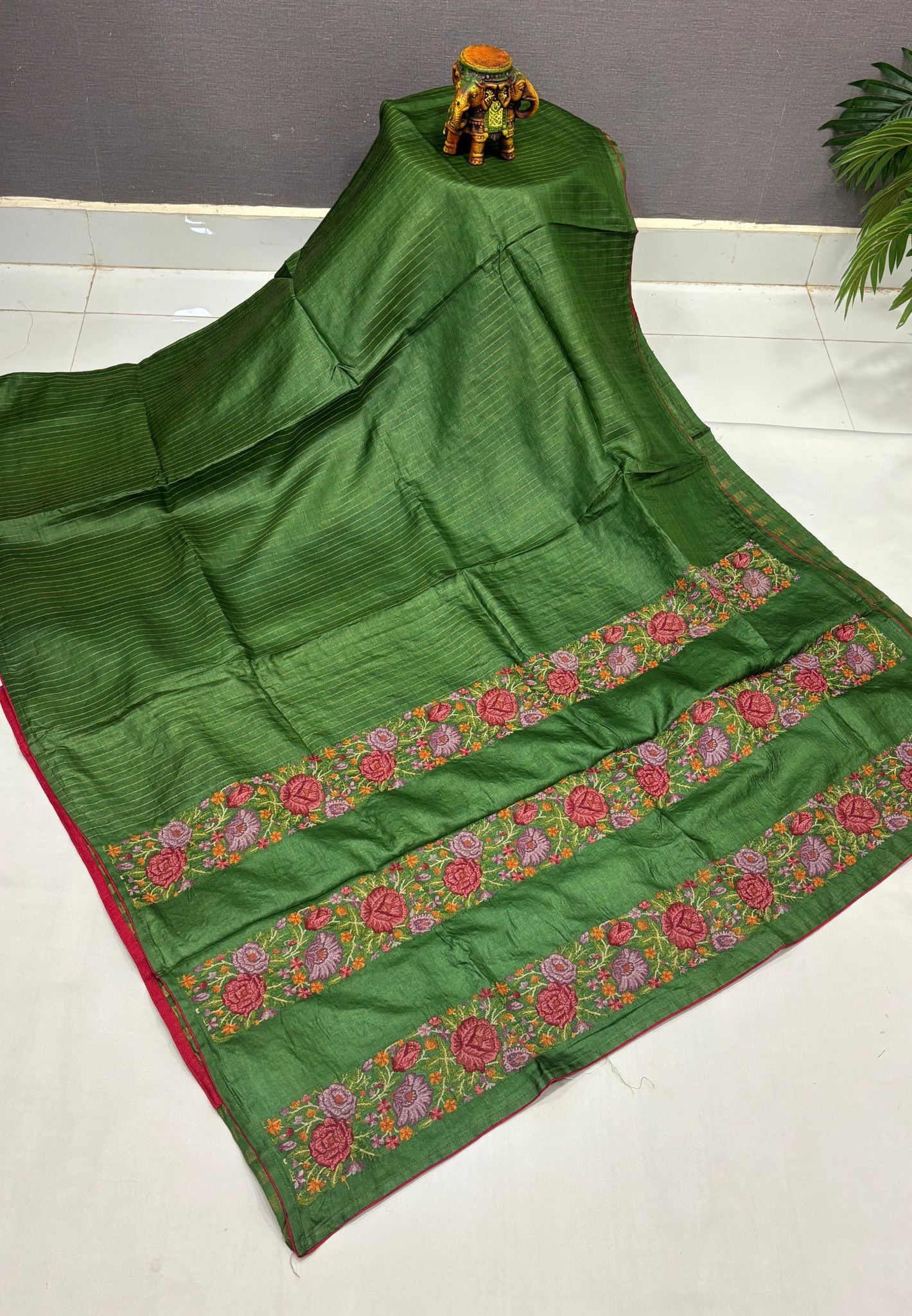 Pure Tussar Saree-Grass Green In Floral Vine Embroidered Border