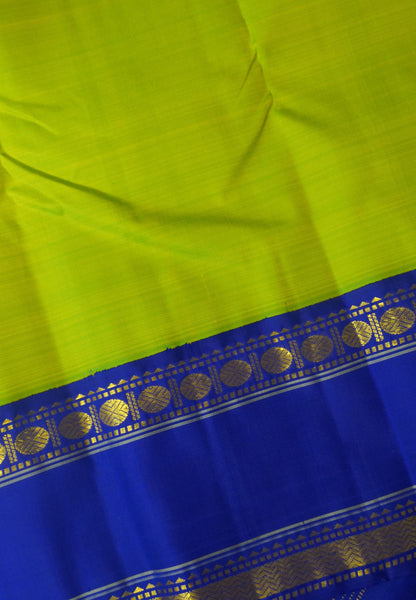 Pure Kanchipuram Silk Saree- Parrot Green with Ink Blue Retapett Border