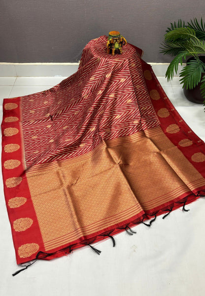Tussar Saree-Red In Floral Medallion Zari Border