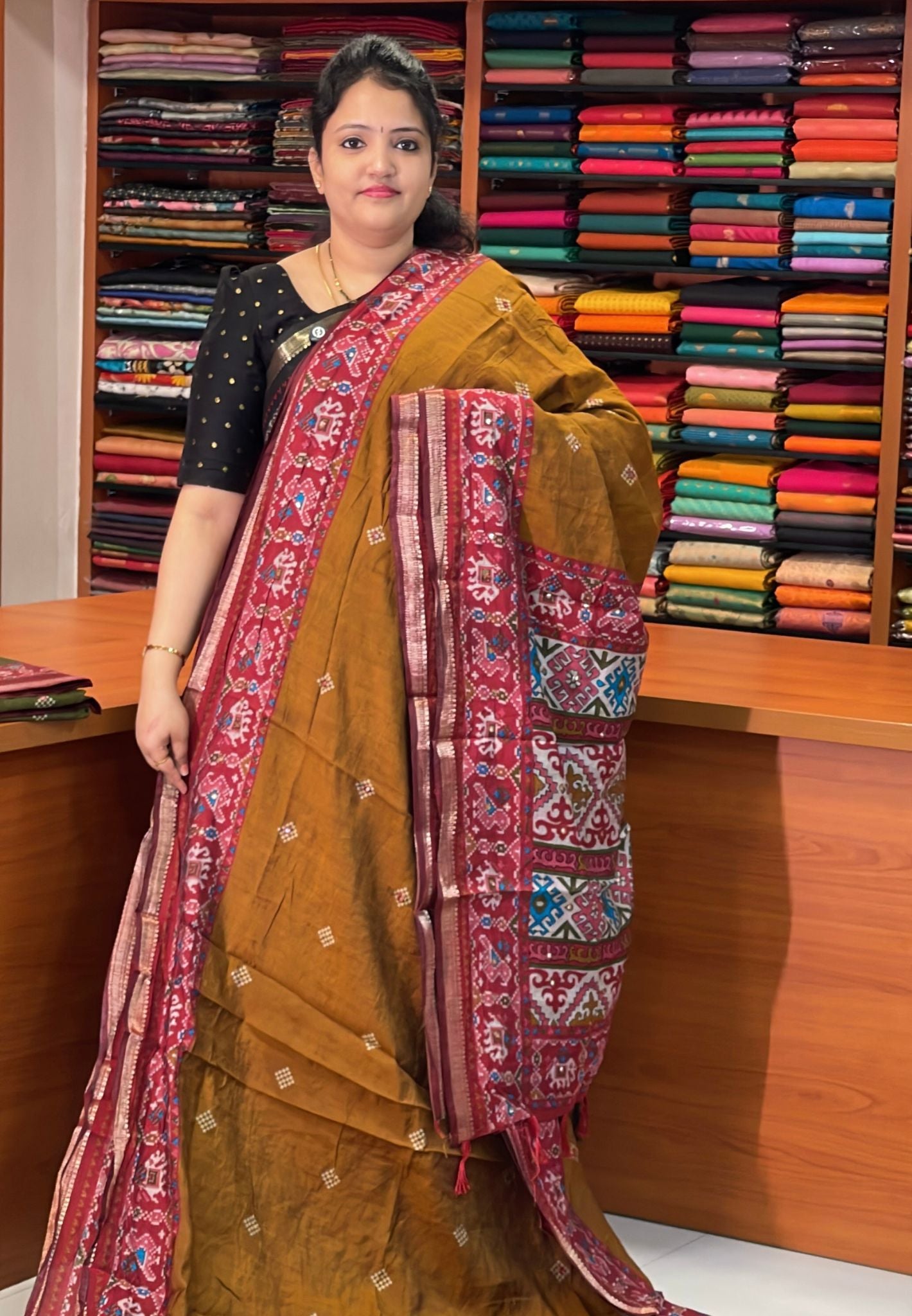 Malai Cotton Saree-Mustard with Contrast Pattola Border and Mirror Work