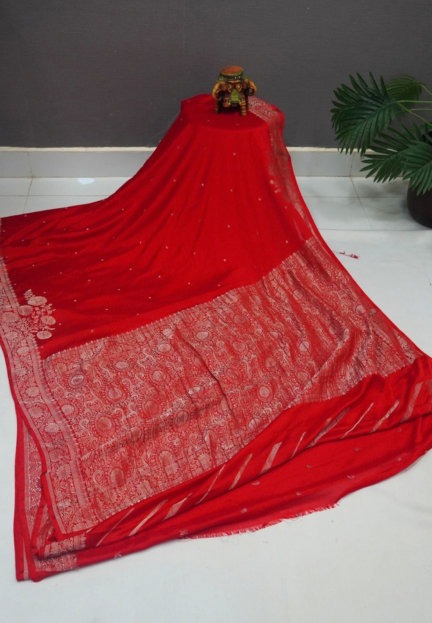 Chinon Silk Saree-Red with Antique Floral Border