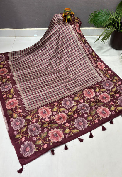 Soft Tussar Saree-Maroon in Floral Garden Border