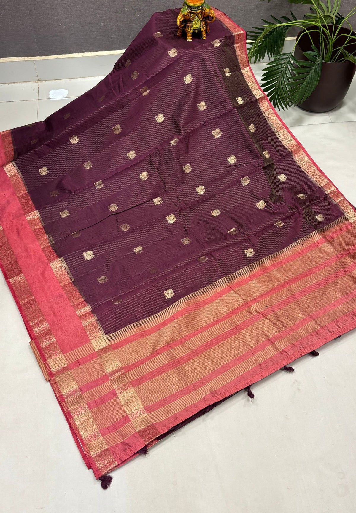 Semi Tussar Saree-Wine  in Traditional Floral Zari Stripe with Contrast Border