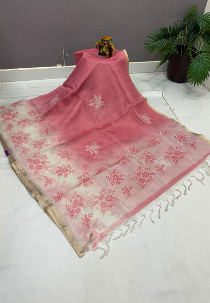 Organza Saree-Peach Pink with Floral Aplique Work