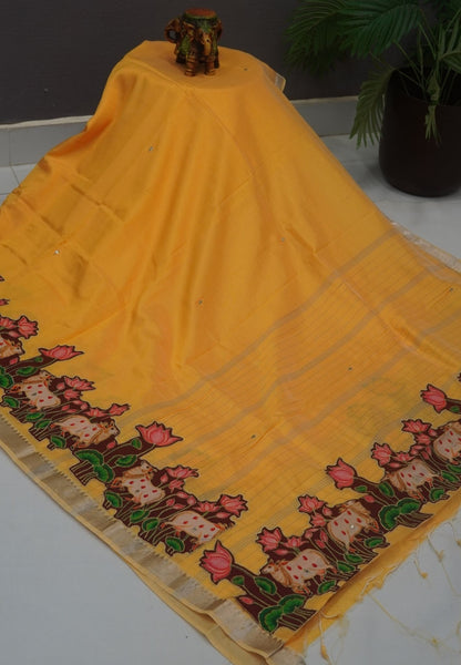 Pure Mangalgiri Silk Saree-Yellow in Tanjore Print with Aplique Work