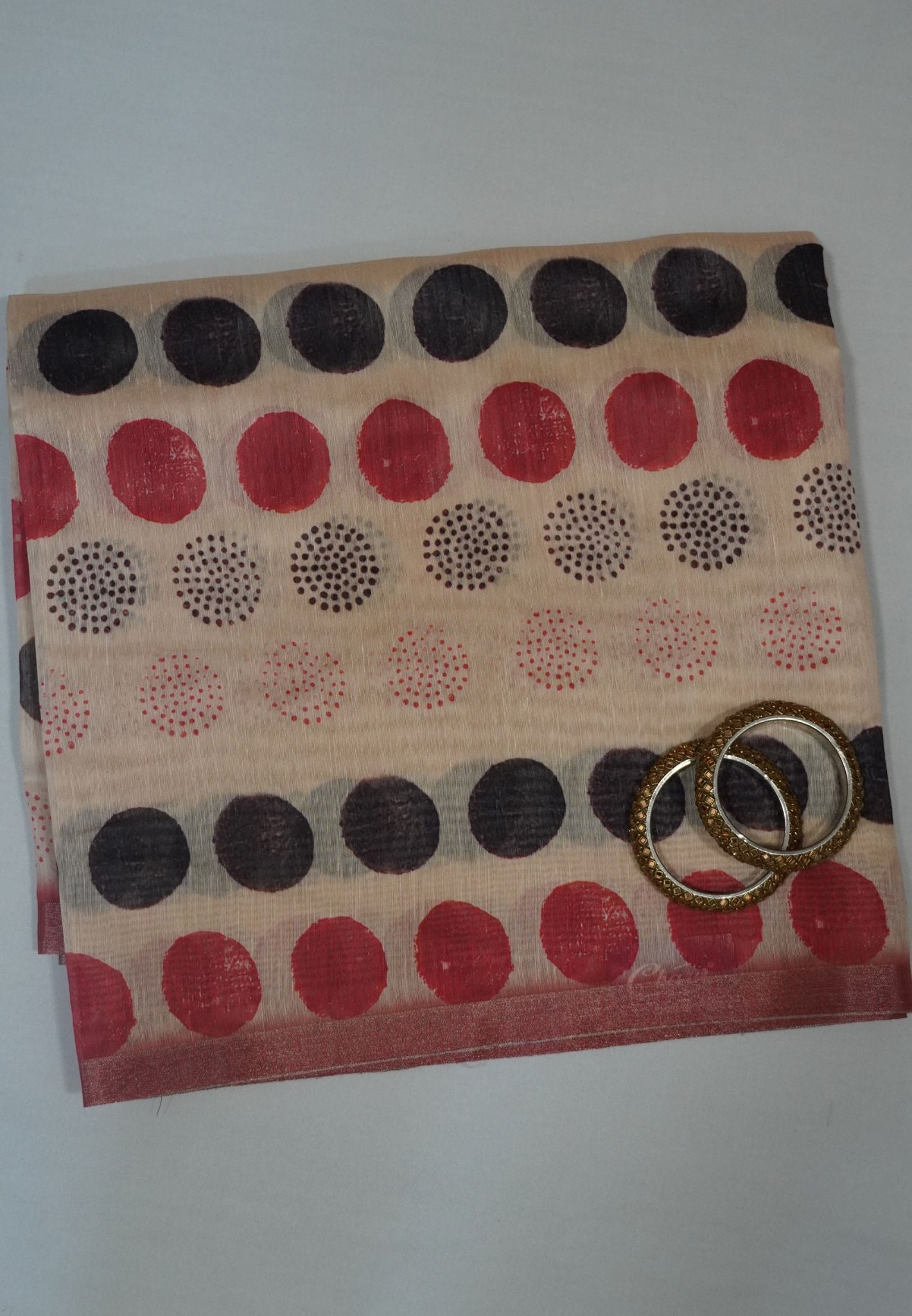 Chanderi Silk Saree - Sandal with polka dots and jamdhani pallu