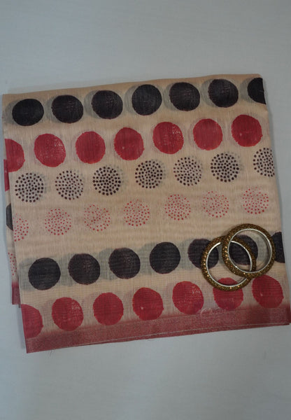 Chanderi Silk Saree - Sandal with polka dots and jamdhani pallu