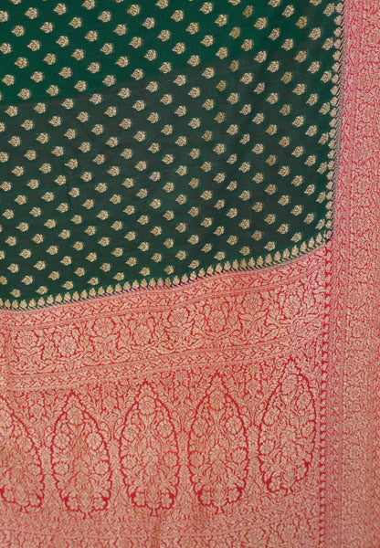 Banarasi Georgette Saree-Bottle Green with Contrast Border