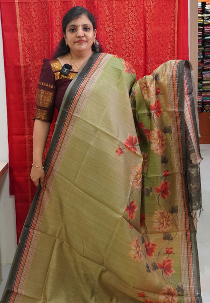 Bhagalpur Tussar  - Floral Pattern Dark Green