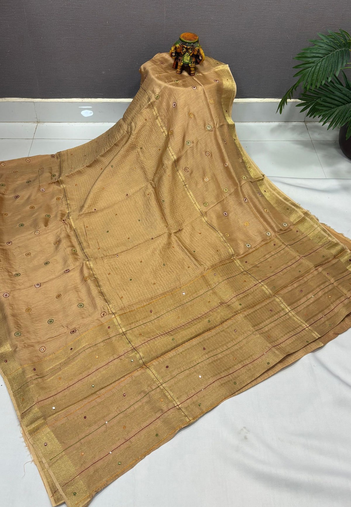 Viscose Saree-Sandal In Fine Stripe Zari Border