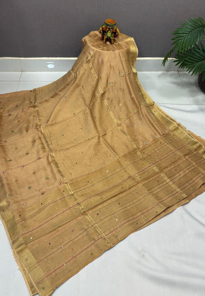 Viscose Saree-Sandal In Fine Stripe Zari Border