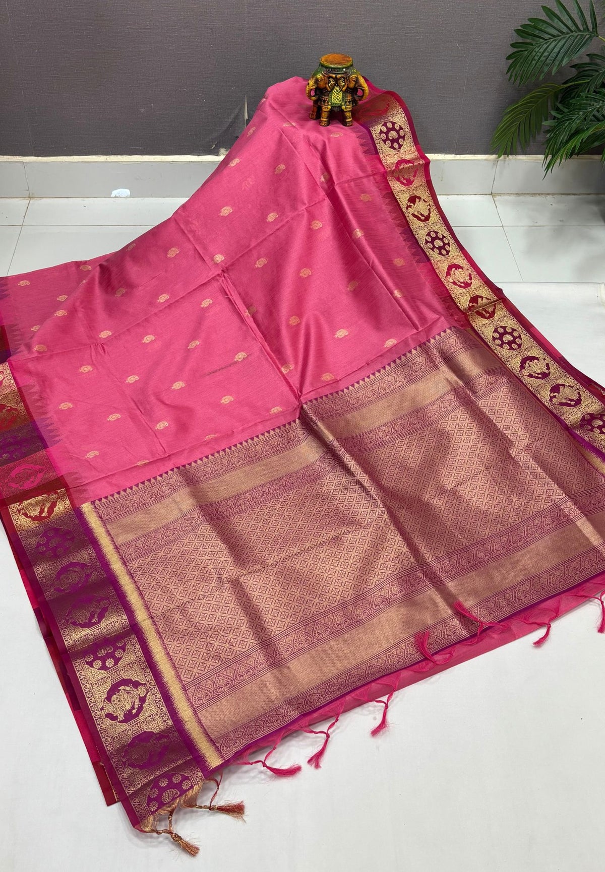Raw Silk Saree-Rani Pink In Floral Medallion Brocade Border