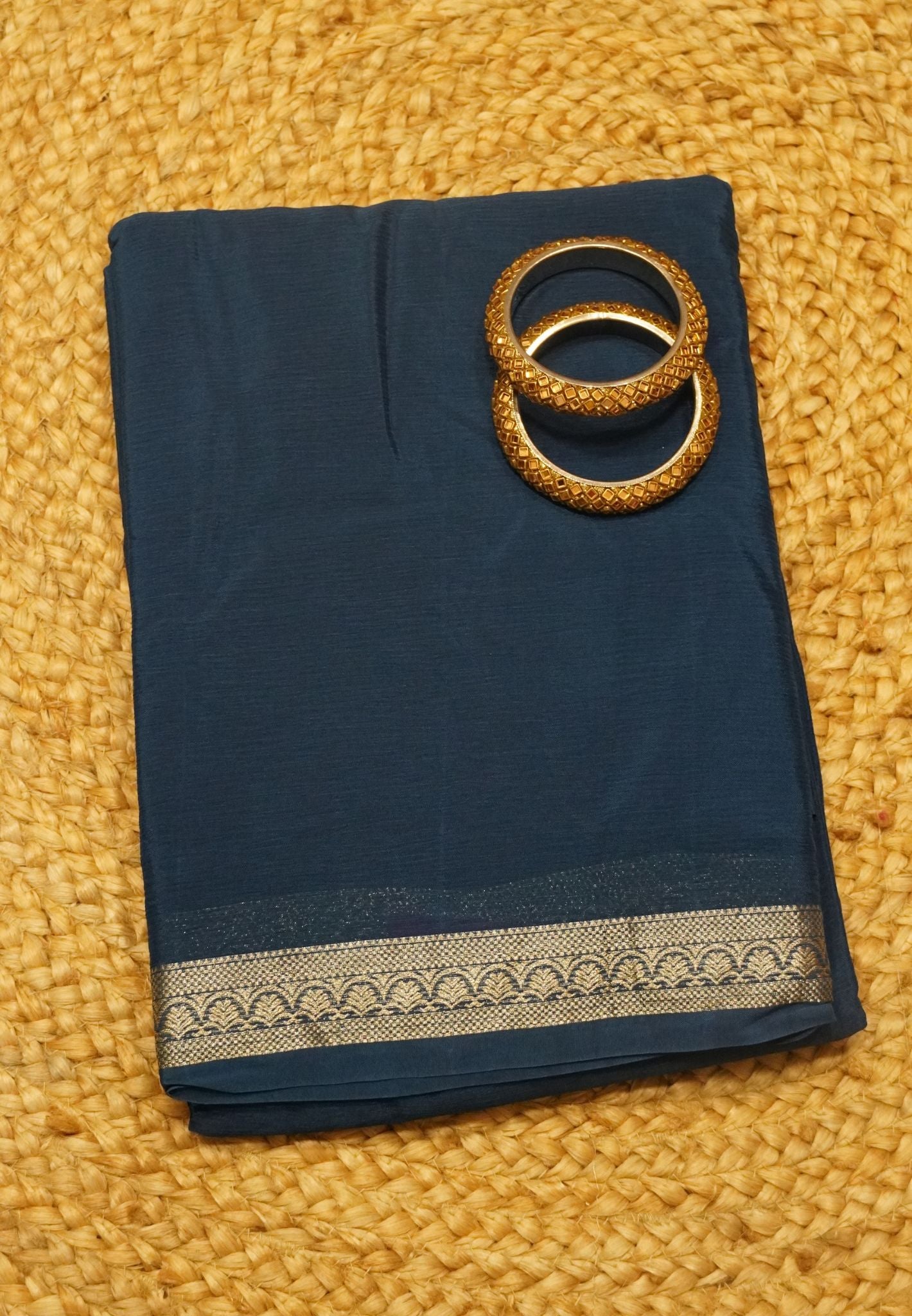 Semi Mysore Silk Saree - Peacock Blue with Small Border