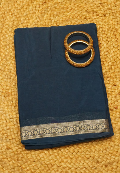 Semi Mysore Silk Saree - Peacock Blue with Small Border