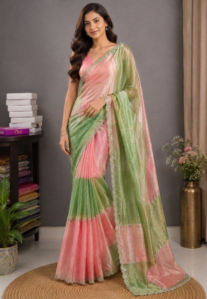 Mira Designer Saree-Peach&Green Duo Tone Encrusted with Scalloped Stone Work