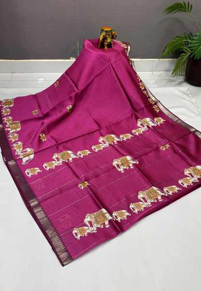 Pure Mangalgiri Silk Saree-Muted Wine With Tanjore Print