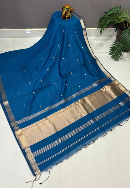 Handloom Cotton Saree-Peacock Blue In Broad Plain Zari Border