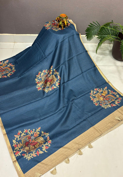 Soft Tussar Saree-Peacock Blue In Kalamkari Peacock Border