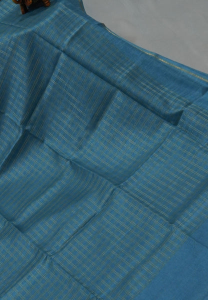 Matka Tussar Saree-Blue with Zari Checks