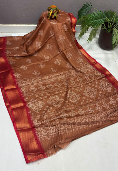 Semi Dola Silk Saree-Light Brown In Floral Dotwork Border
