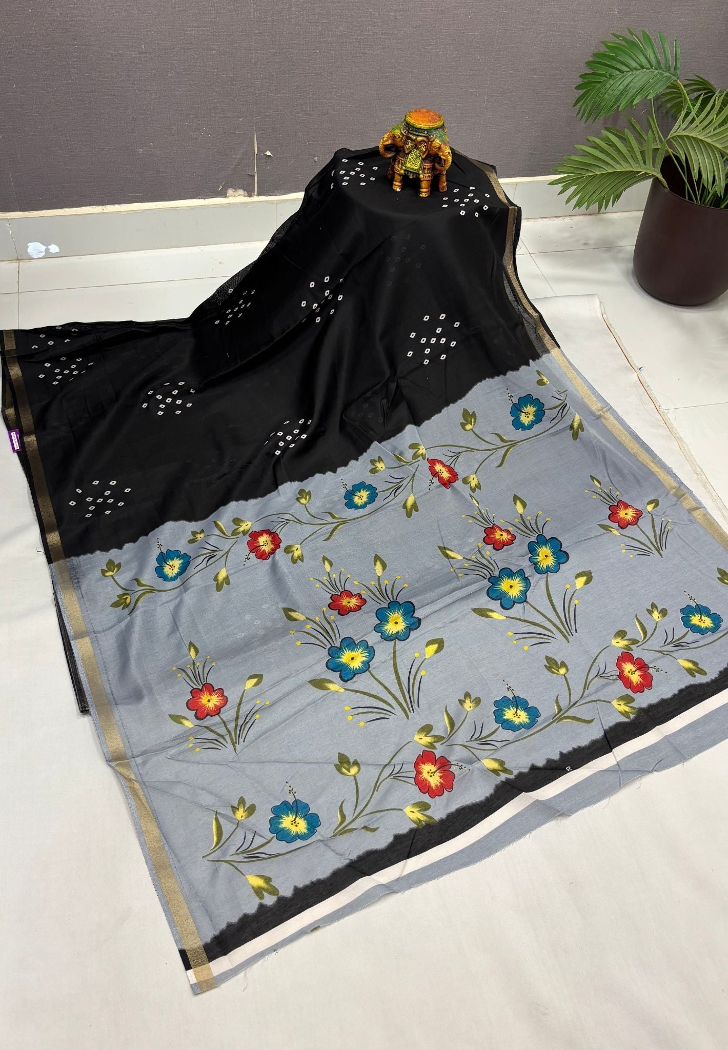Malai Cotton Saree -Black with Bandhini Print
