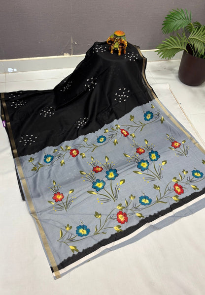 Malai Cotton Saree -Black with Bandhini Print