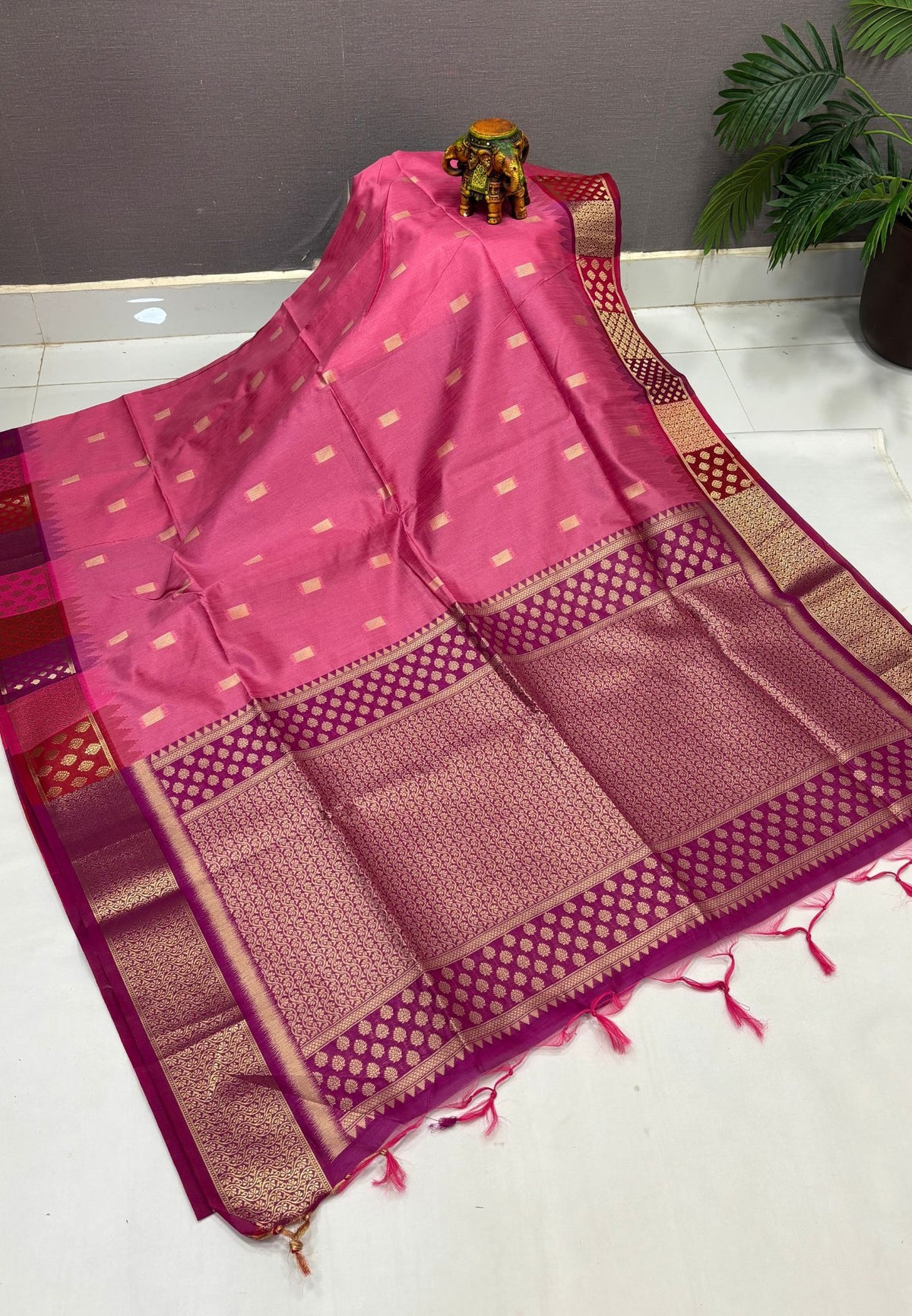 Raw Silk Saree-Rani Pink In Brocade Floral Panel Border