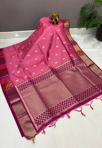 Raw Silk Saree-Rani Pink In Brocade Floral Panel Border