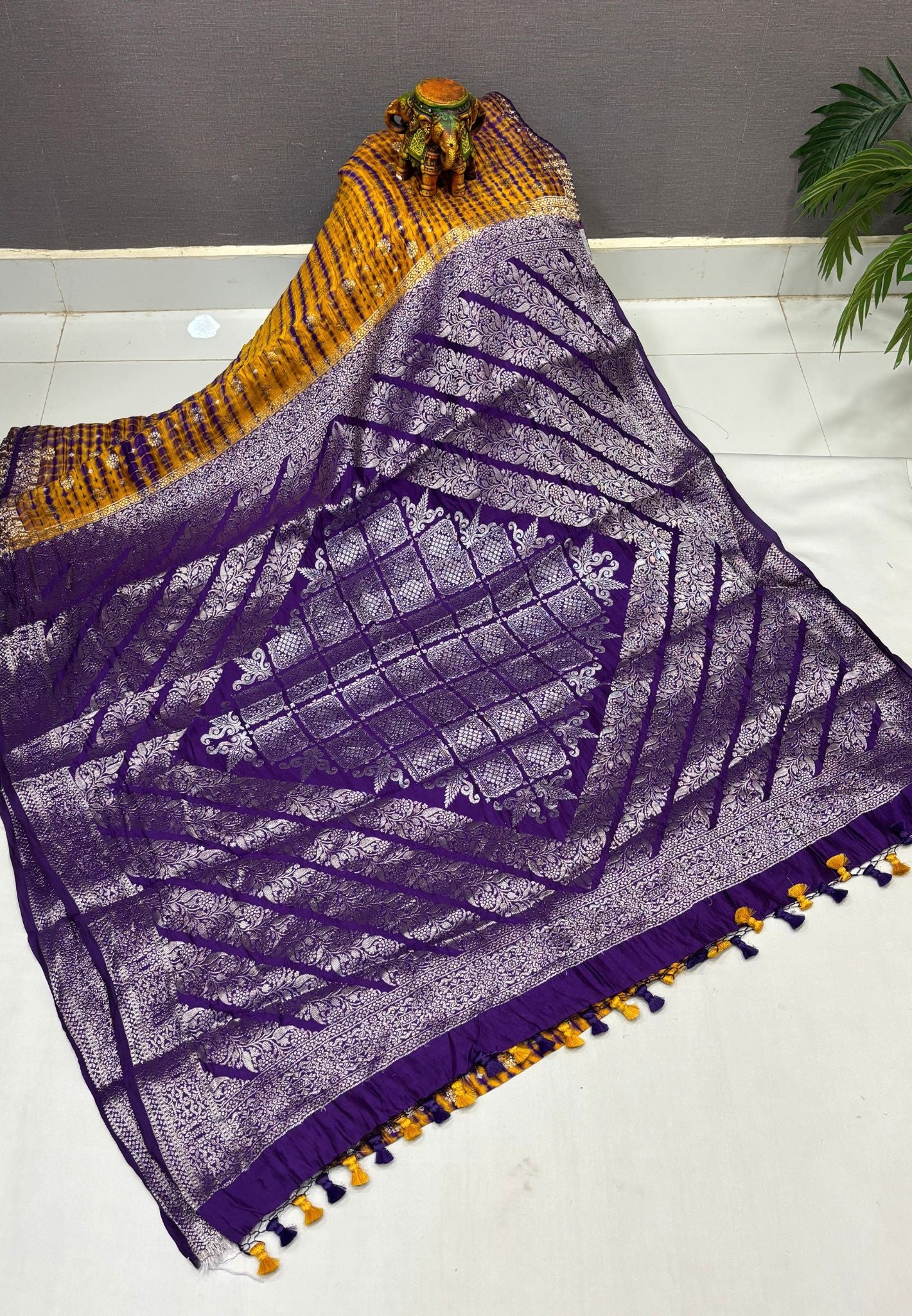 Pure Banarasi Kaddi Georgette Saree-Mustard In Jaal Zari Floral Border