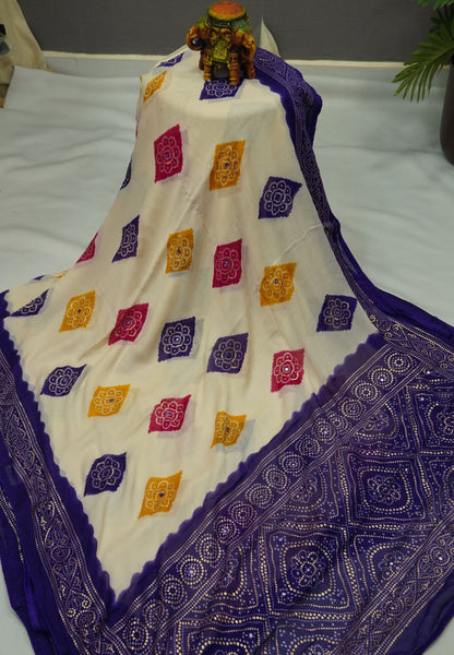 Chiffon Saree – Bandhani Inspired Print with Elegant Border - White & Violet