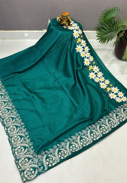 Rsian Silk Saree-Emrld Green In Daisy Floral Embroidery Border