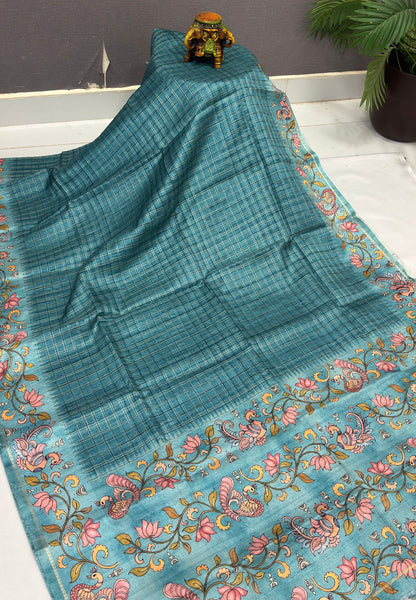 Matka Tussar Saree-Sky Blue with Kalamkari Border