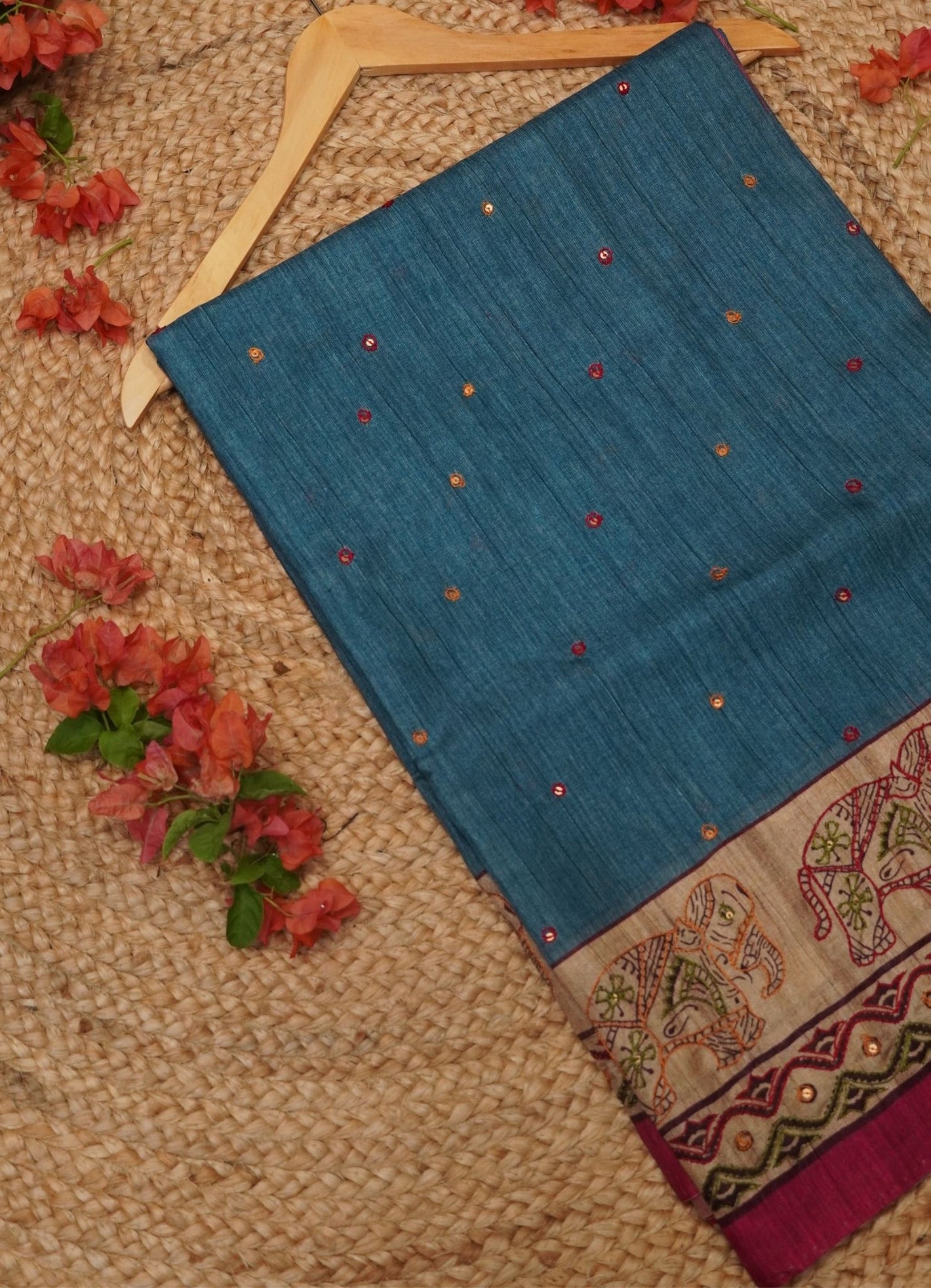 Semi Tussar Saree – Blue Pink Elephant Design