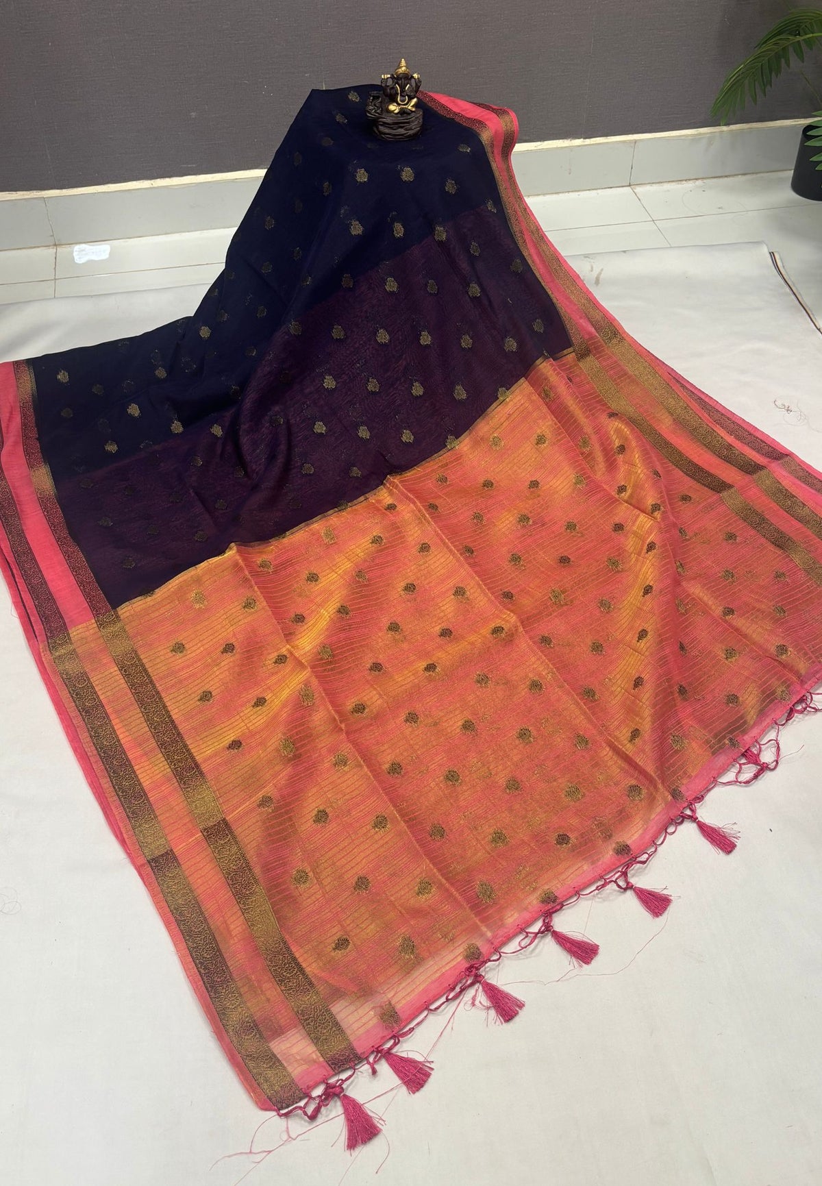 Soft Jute Saree-Navy Blue-Peach Pink With Rettapet Border