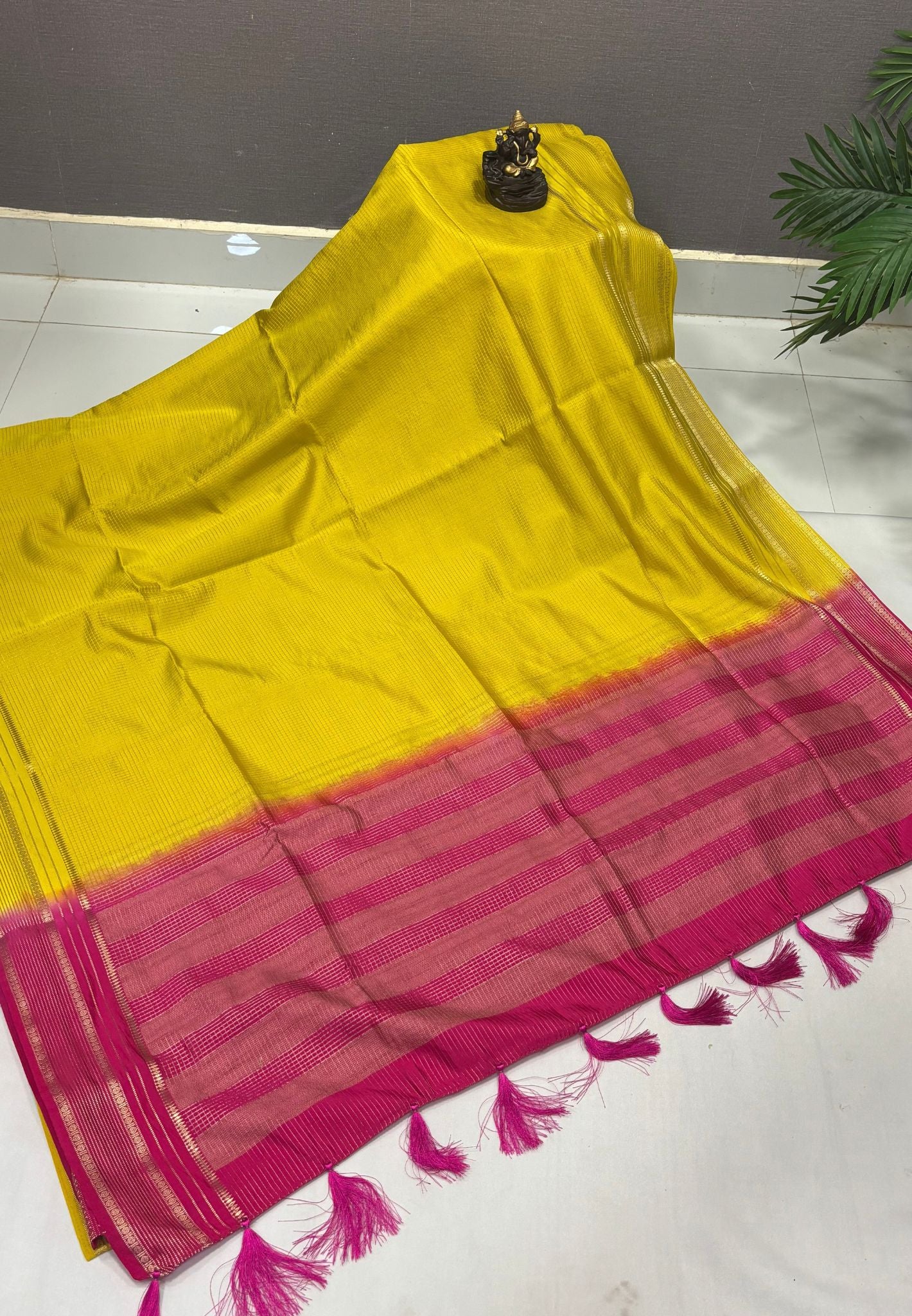Mulberry Silk Saree-Yellow In Striped Zari With Contrast Border