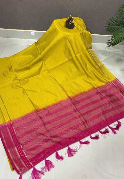 Mulberry Silk Saree-Yellow In Striped Zari With Contrast Border