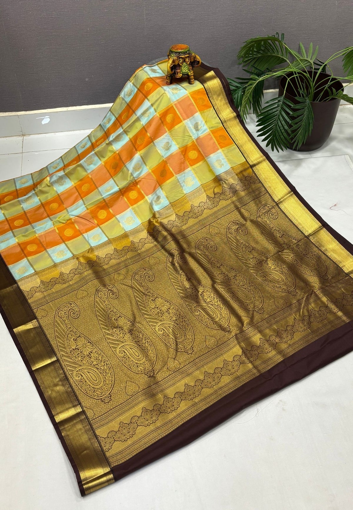 Budget Kanchipuram Saree-Ice Blue with Contrast Border