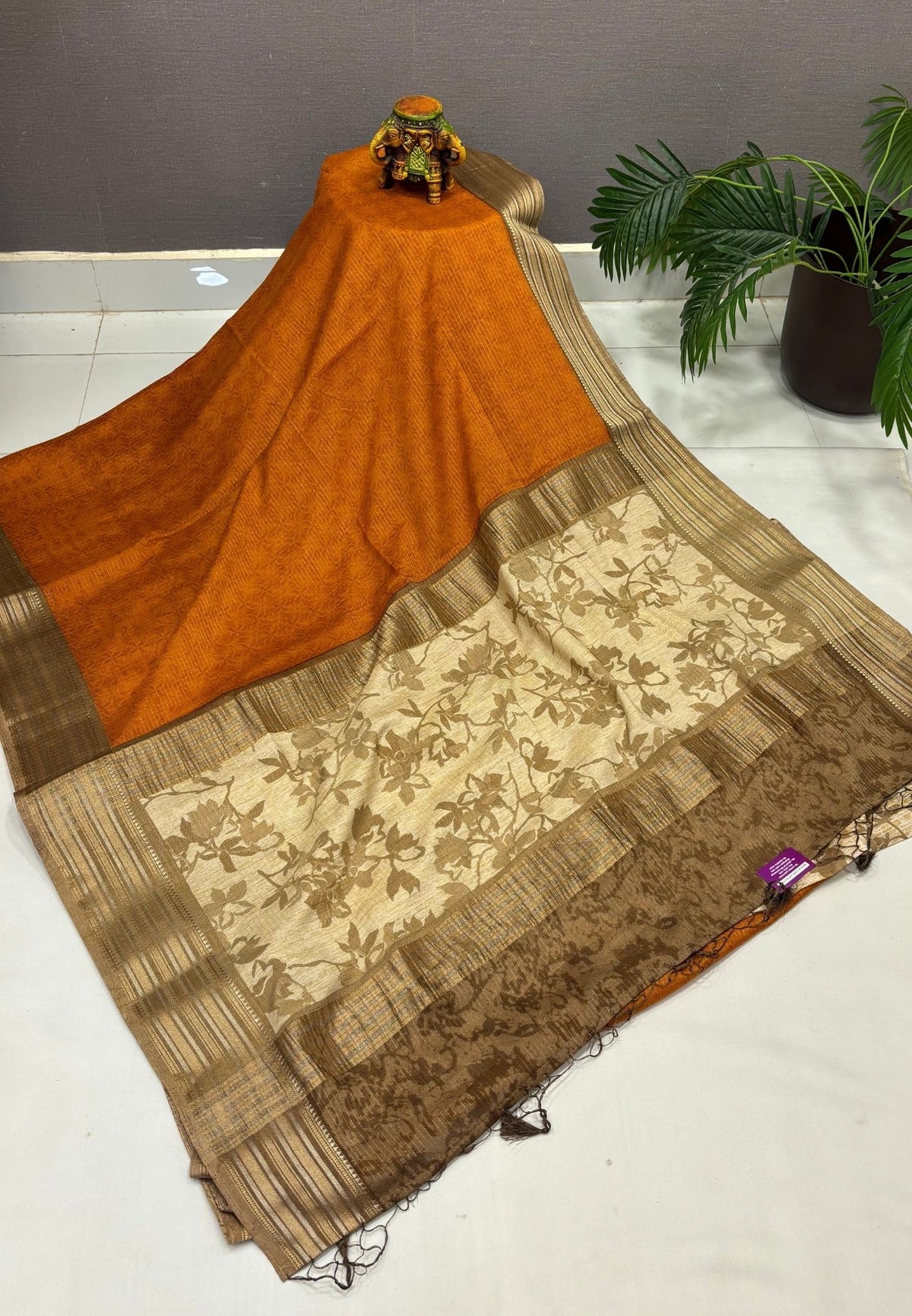 Muslin Tussar Saree-Orange In Floral Vine Border