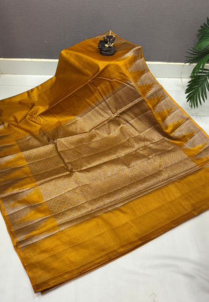 Pure Tussar Saree-Mustard Yellow In Tazhalampoo Zari Border
