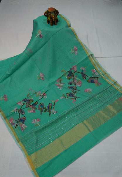 Kota Saree with Bird Embroidery Work - Teal Green