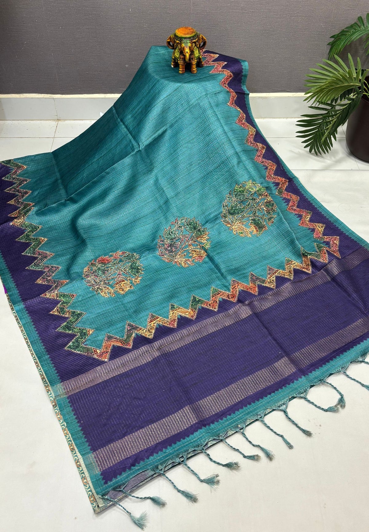 Semi Tussar Saree-Sea Blue in Zigzag Tribal Pattern Border