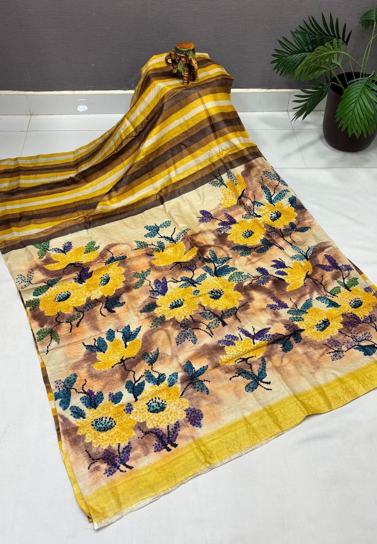 Pure Tussar Saree-Mustard In Stripe French Knot Border