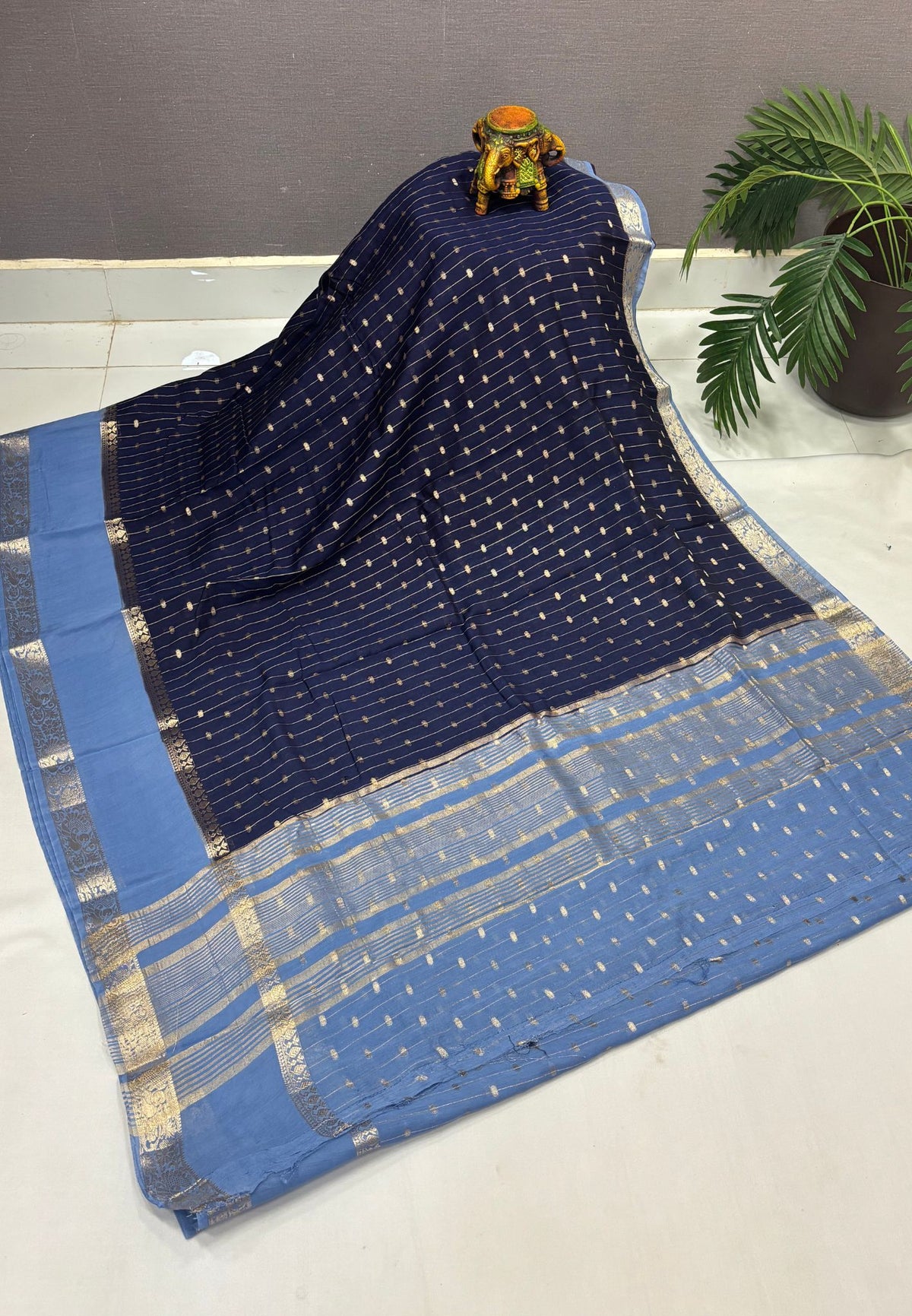 Banarasi Tussar Saree-Navy Blue in Retpet Zari Border