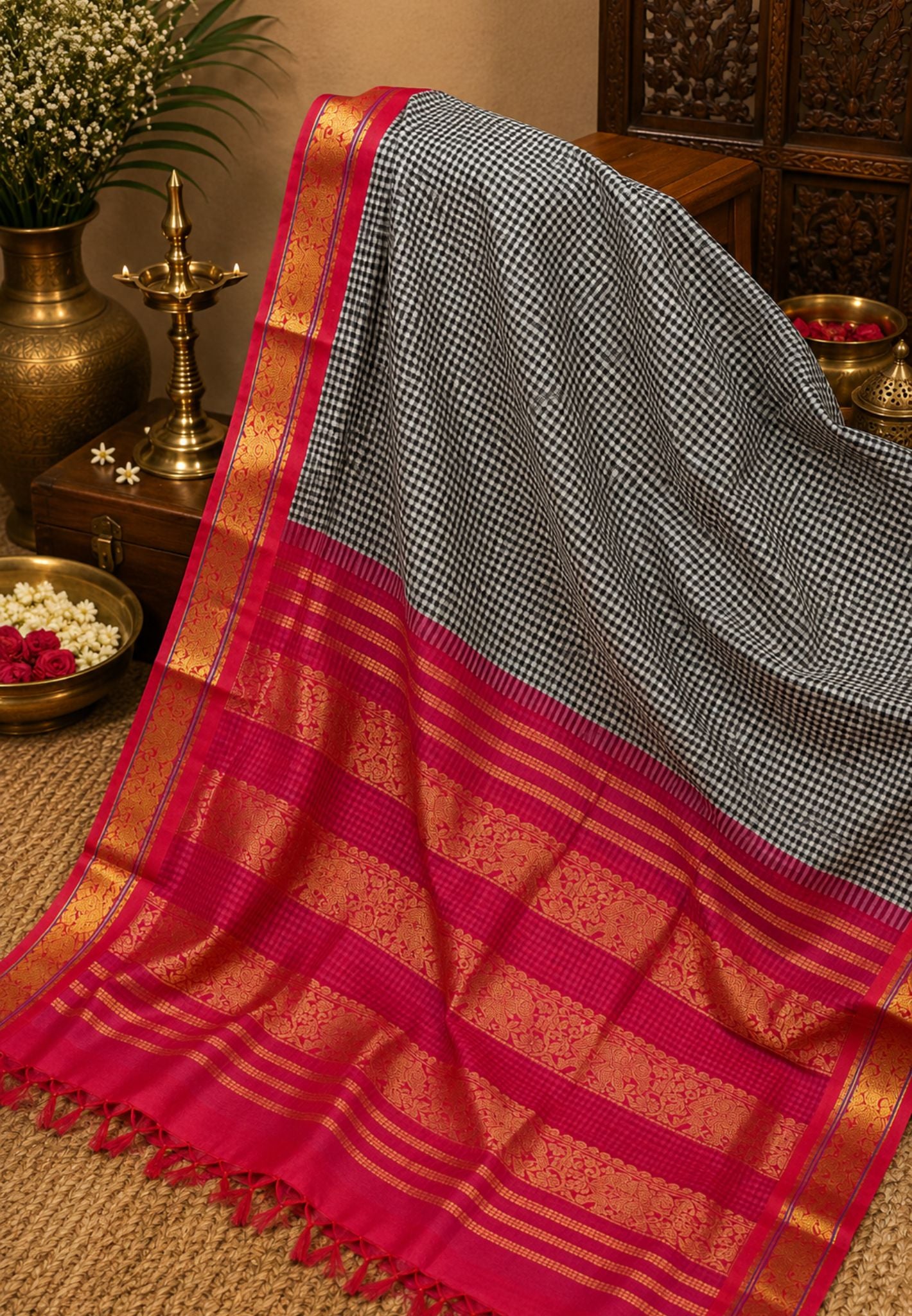 Pure Silk Cotton Saree-Black&White Checks with Pink Border