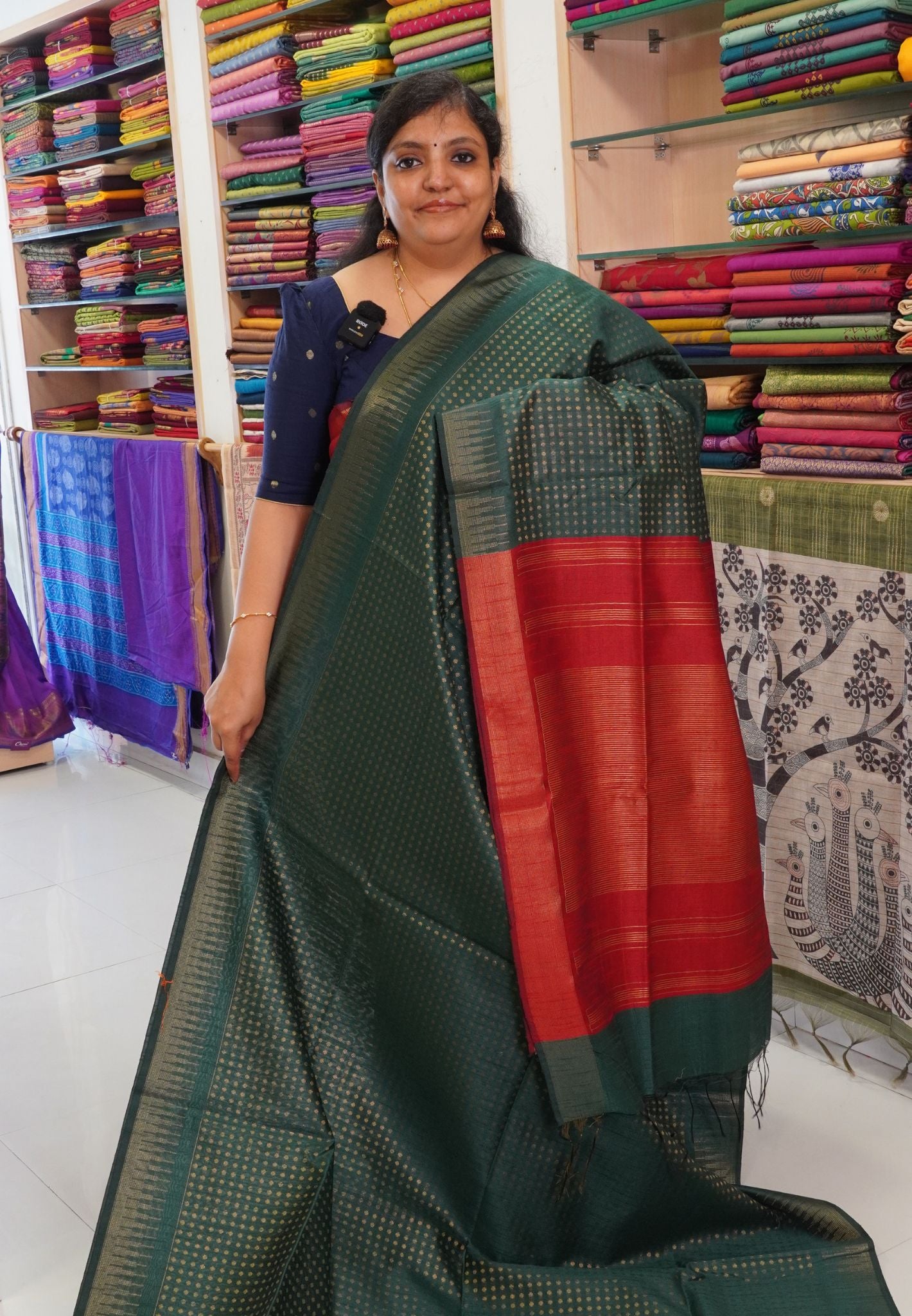 Semi Raw Silk Saree Bottle Green-Red