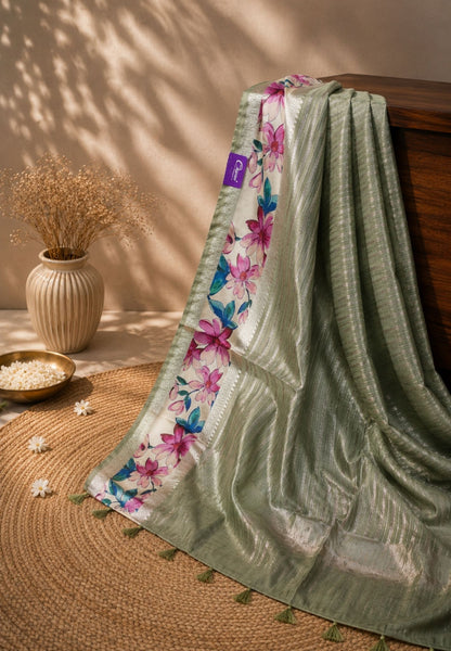 Semi Organza Saree-Metallic Green with Floral Border
