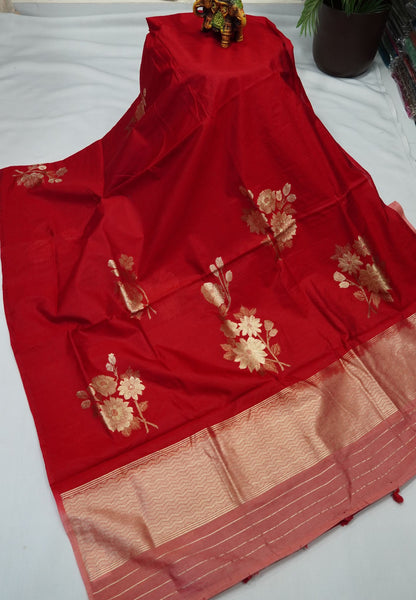 Semi Tussar Saree with Floral Zari Motifs - Red
