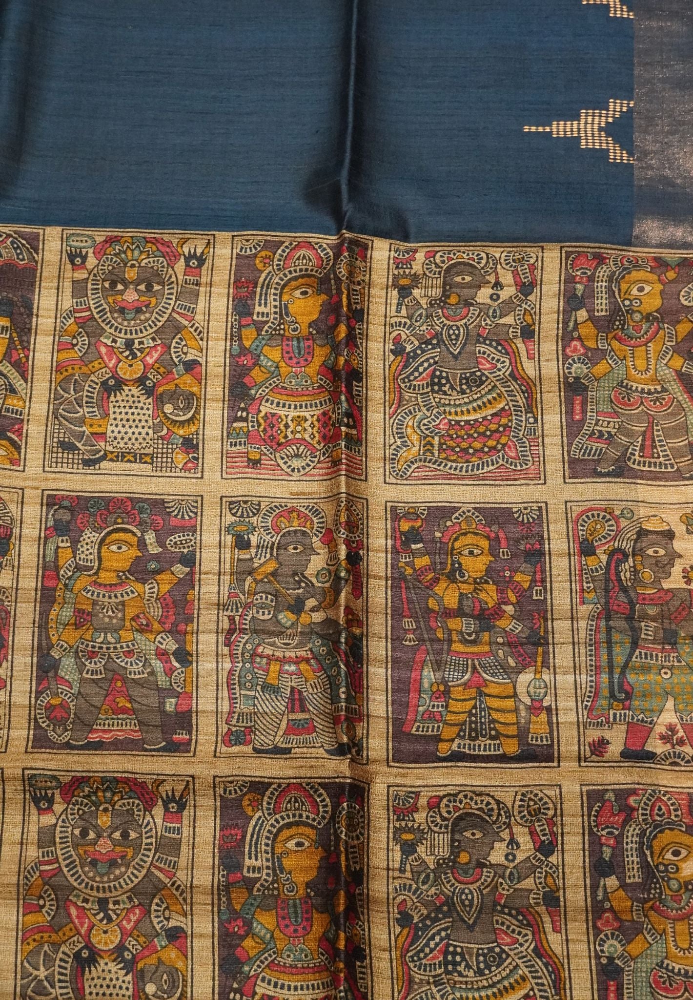 Jute Tussar Silk - Temple Border Blue