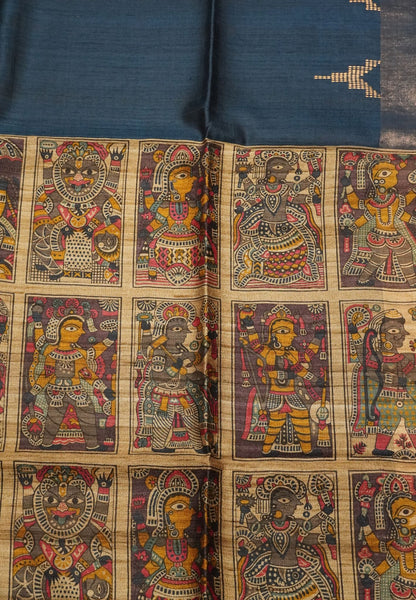 Jute Tussar Silk - Temple Border Blue